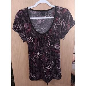 Suzie In The Closet M Cap Sleeve Blouse Bubble Floral Pattern Waist Sash‎